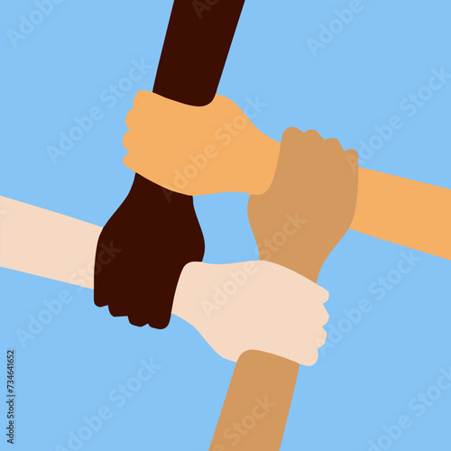 Shows the hands of various ethnic groups joining hands, creating a bond of friendship between nations.