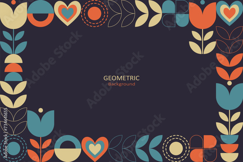 Floral design with geometric shapes and arrange the elements as a frame with copy space for text. Mosaic design with blue orange, and beige on a dark background. Vector Illustration.