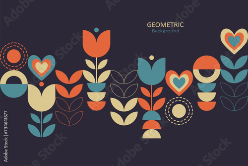 Floral design with geometric shapes and copy space for text. Mosaic design with blue orange, and beige on a dark background. Vector Illustration.