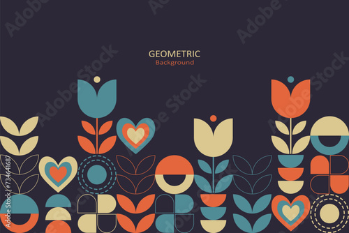 Floral design with geometric shapes and arrange the elements below with copy space for text. Mosaic design with blue orange, and beige on a dark background. Vector Illustration.