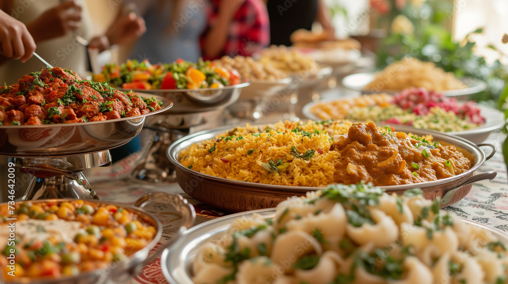 Obraz premium Variety of large home cooked dishes of multicultural meals.