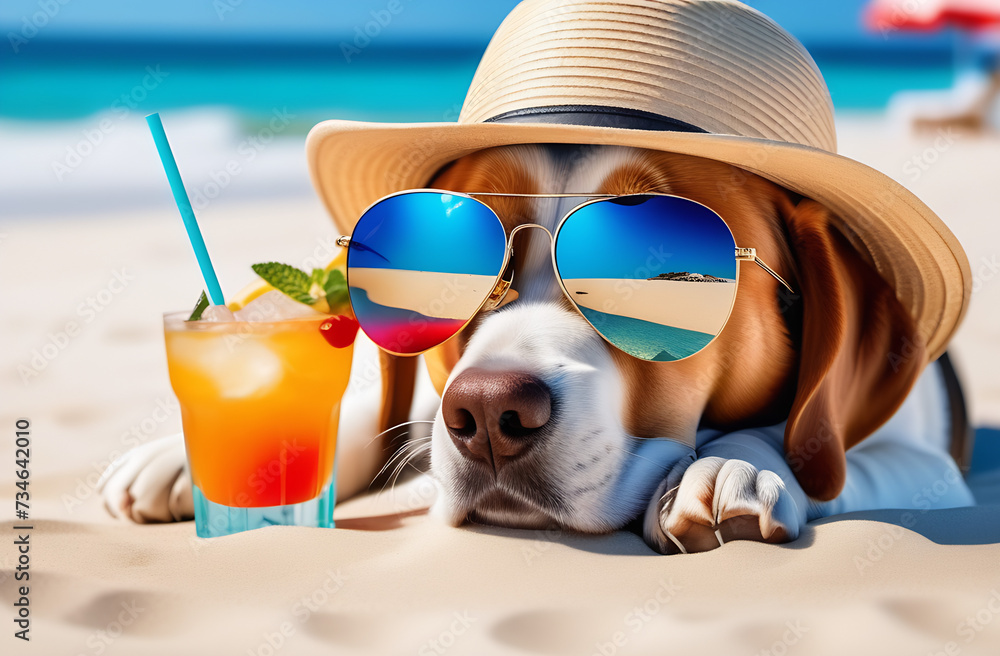A funny dog in a hat and glasses is relaxing on the beach, sunbathing, next to a cocktail with a straw. Made with the help of artificial intelligence. High quality. Vacation, wallpaper, postcard, scre