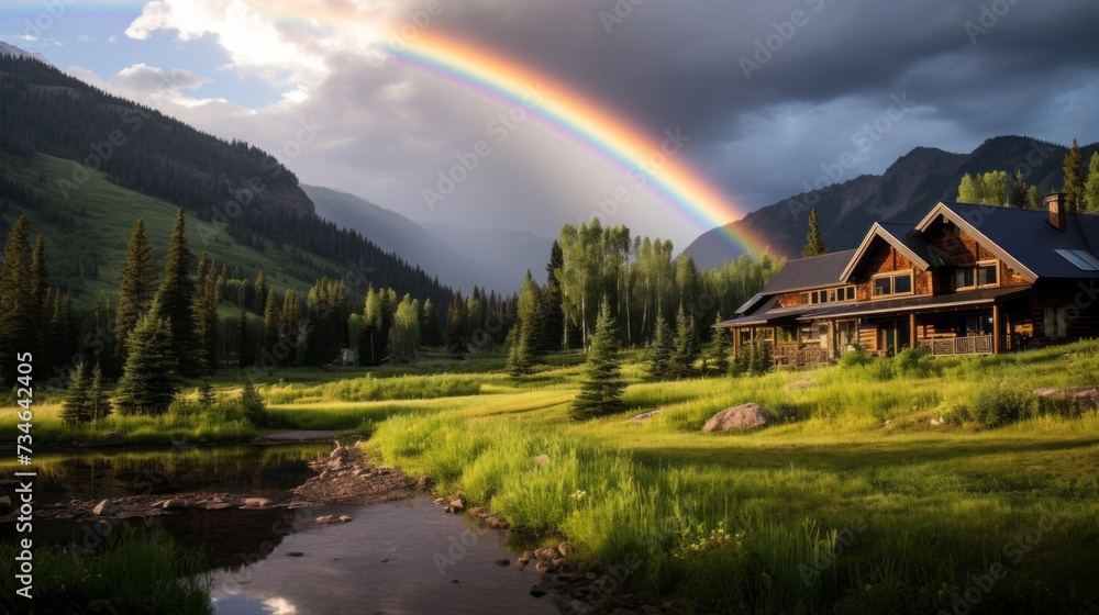 A rainbow arching over a serene mountain lodge