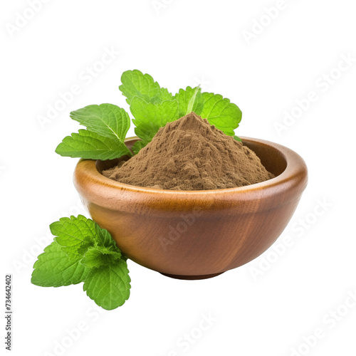 pile of finely dry organic fresh raw coleus powder in wooden bowl png isolated on white background. bright colored of herbal, spice or seasoning recipes clipping path. selective focus photo