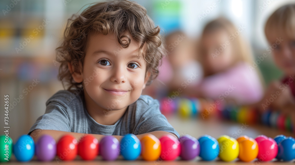 Young boy learning colors inside an elementary school. Young boy learning colors inside an elementary school.