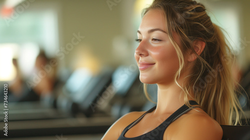 Young woman working out, doing Pilates exercises in an indoor fitness studio.