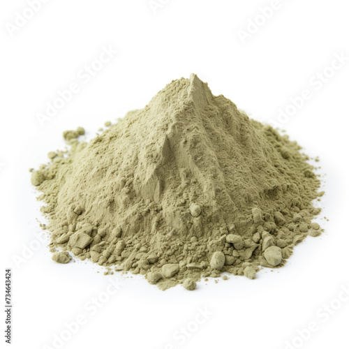 close up pile of finely dry organic fresh raw plantain leaf powder isolated on white background. bright colored heaps of herbal, spice or seasoning recipes clipping path. selective focus