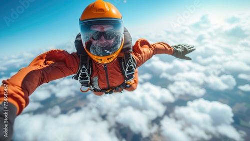 Skydiver in freefall high up in the air