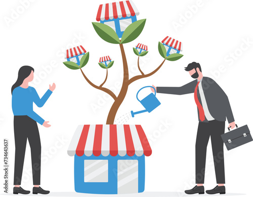 Businessman is watering money tree to grow franchise business. Increasing and growth business flat concept illustration.

