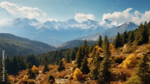 forest in colors of autumn with mountain background © kucret