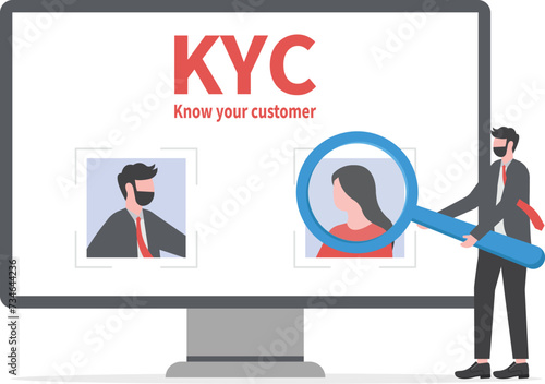 KYC or know your customer with business verifying the identity of its clients concept at the partners-to-be through a magnifying glass vector illustrator

