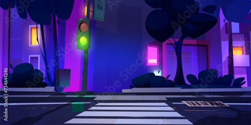 City night landscape with sidewalk, cross zebra on road and traffic light. Cartoon dark dusk urban scenery with side view on pedestrian with neon glow signs, windows in skyscrapers and trees.
