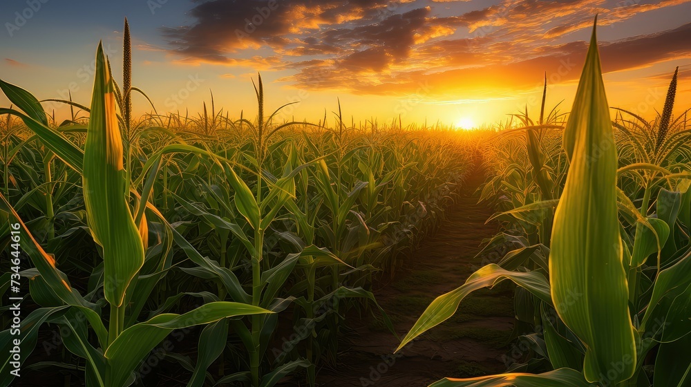 harvest corn field at sunset - obrazy, fototapety, plakaty 