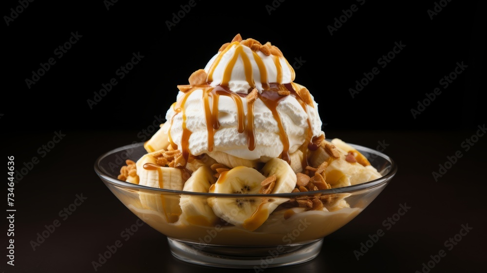 A caramel sundae with caramelized banana slices A caramel sundae with caramelized banana slices