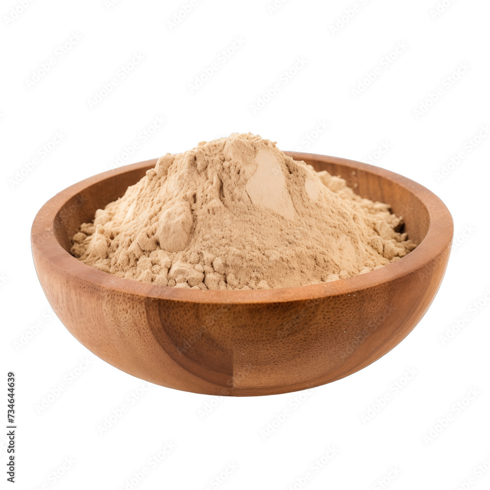 pile of finely dry organic fresh raw comfrey root powder in wooden bowl png isolated on white background. bright colored of herbal, spice or seasoning recipes clipping path. selective focus
