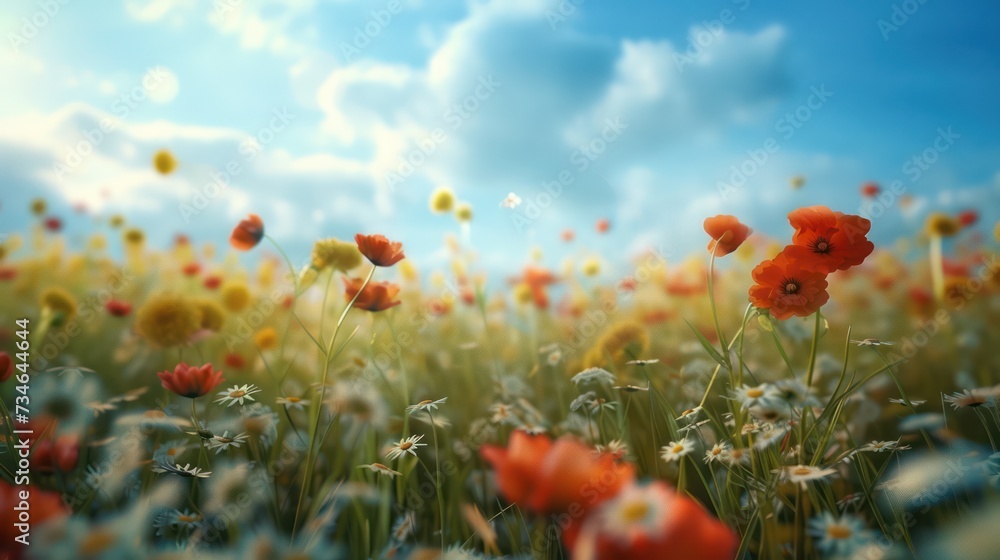 Summer meadow with poppies and daisies. Nature background