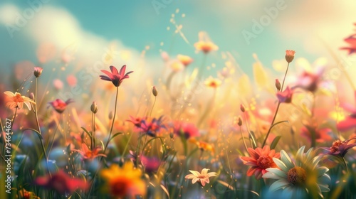 Beautiful spring meadow with colorful flowers. Colorful nature background