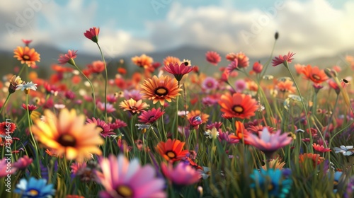 Colorful flowers in the meadow at sunset. Natural background.
