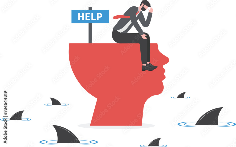 businessman alone on big head humans by sharks. Concept of corporate failure,imposter syndrome

