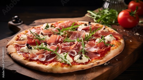 A closeup of a gourmet pizza topped with prosciutto