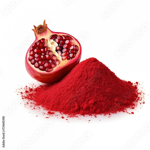 close up pile of finely dry organic fresh raw pomegranate powder isolated on white background. bright colored heaps of herbal, spice or seasoning recipes clipping path. selective focus photo
