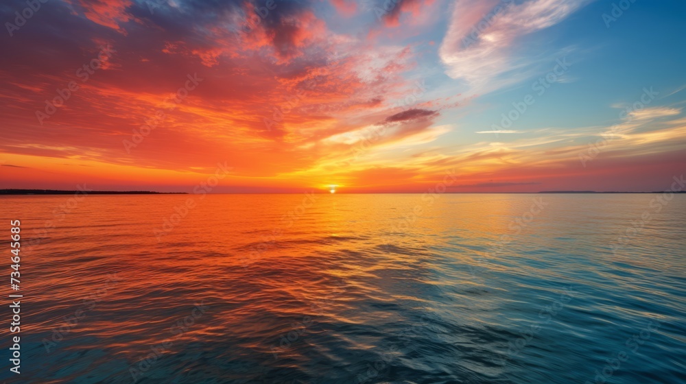 A dramatic sunset over a calm ocean