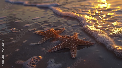 Two Starfish on Beach With Sunset 