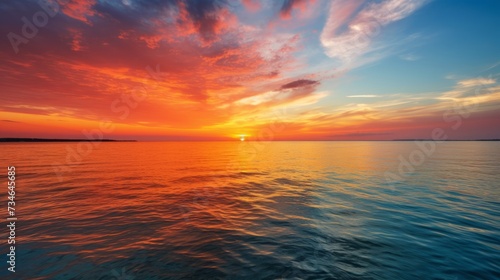 A dramatic sunset over a calm ocean