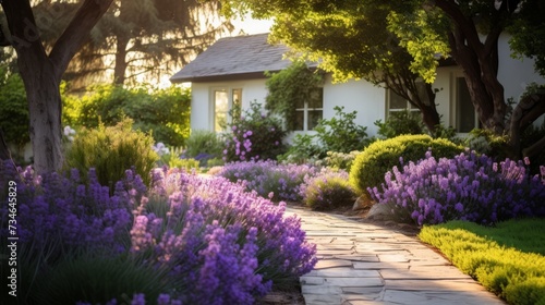 A garden path bordered by lavender bushes