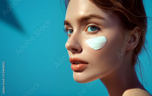 Fashion commercial advertisement. Pretty woman with a drop swab of serum cream on cheek for lotion makeup skincare ad on blue background. copy text space 