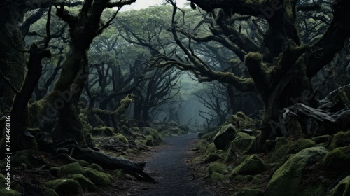 A haunted forest with twisted  gnarled trees