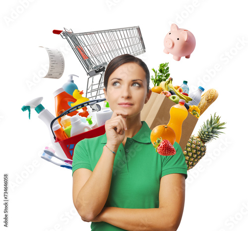 Young woman thinking about grocery shopping photo