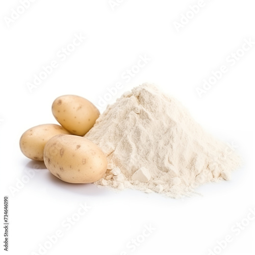 close up pile of finely dry organic fresh raw potato flour powder isolated on white background. bright colored heaps of herbal, spice or seasoning recipes clipping path. selective focus photo