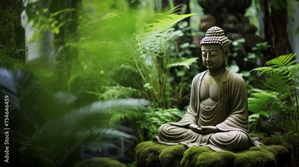 A meditating buddha sculpture amidst lush greenery