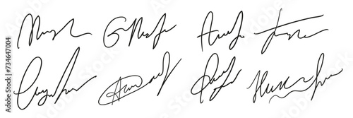 Set of fake autographs. Hand writing, black ink. Vector