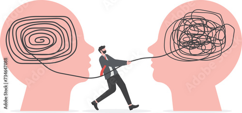 Businessman chaos with help, mental health or psychotherapy, schizophrenia concept, cognitive trap, communication or empathy, vector flat illustration


