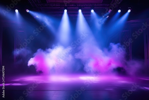 Empty scene with blue purple neon stage spotlight, Modern dance stage light background with spotlight illuminated for modern dance production stage, AI generated