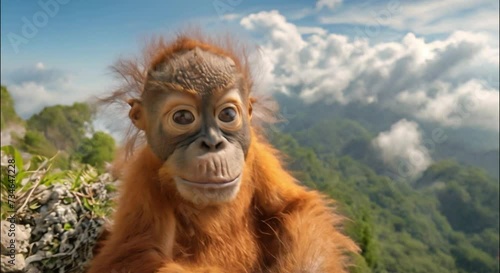 orangutan on a rock at the top of a mountain footage photo