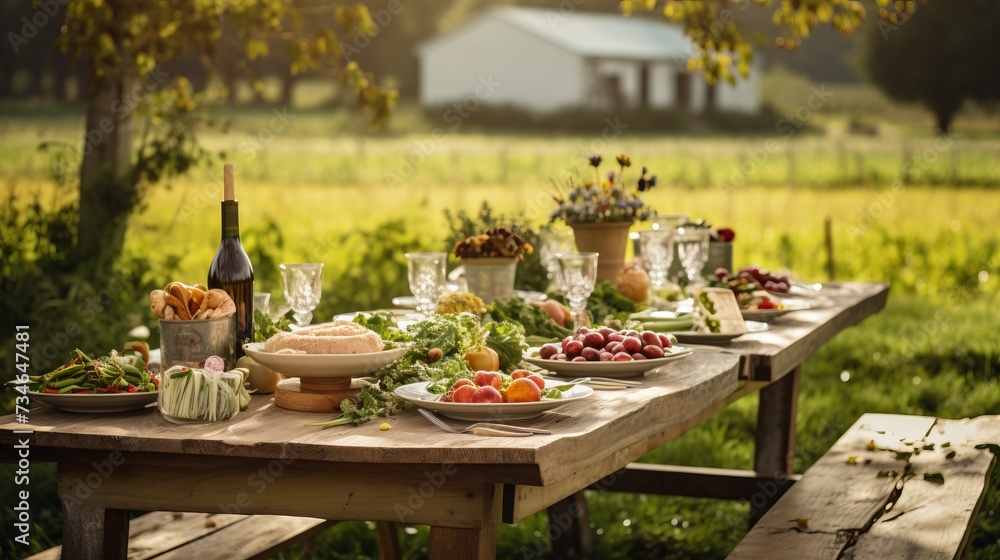 A rustic farm table with a farm totable spread