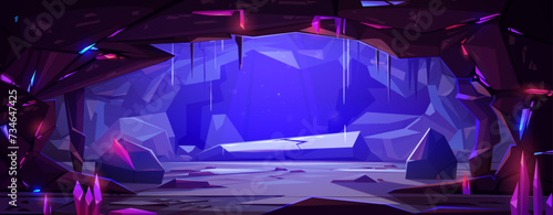 Dark underground cave interior with rays of moonlight passing from above and lots of gemstone crystals in rocky walls. Cartoon vector illustration of fantasy dungeon inside with gem treasure.