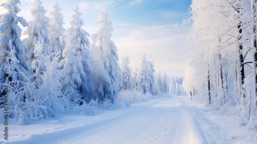 A road through a winter wonderland with snow covered trees © Cloudyew