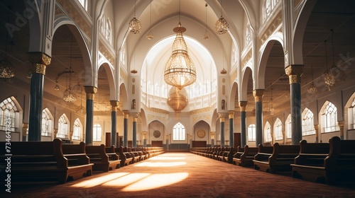 A serene view of a mosque's domed interior