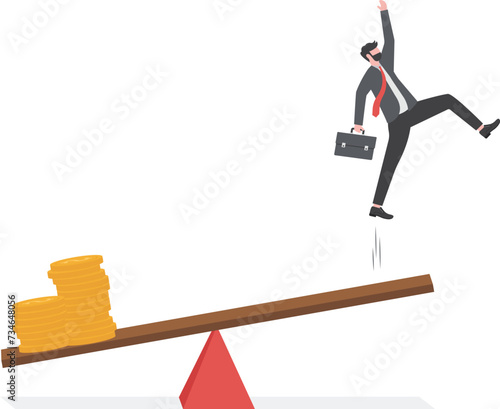 Businessmen jumping on seesaw and money . Career progression and investment, idea. Business startup concept.

