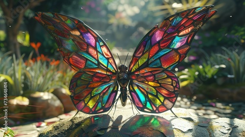 large stunningly beautiful fairy wings Fantasy abstract paint colorful butterfly sits on garden.The insect casts a shadow on nature.The insect has many geometric angles © Jennifer