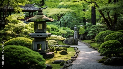 A tranquil japanese tea garden with a stone lantern