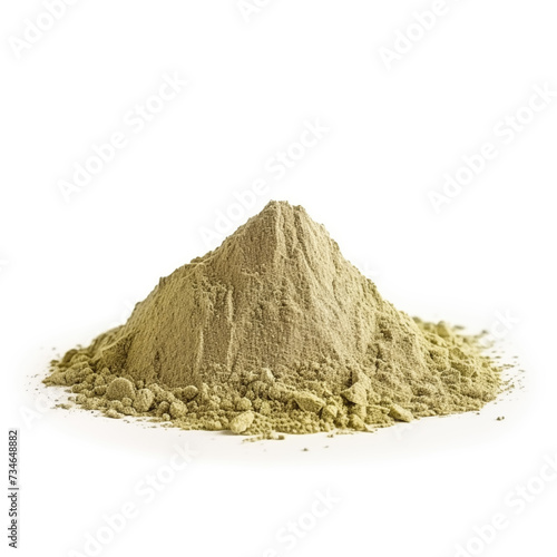 close up pile of finely dry organic fresh raw pumpkin seed flour powder isolated on white background. bright colored heaps of herbal, spice or seasoning recipes clipping path. selective focus