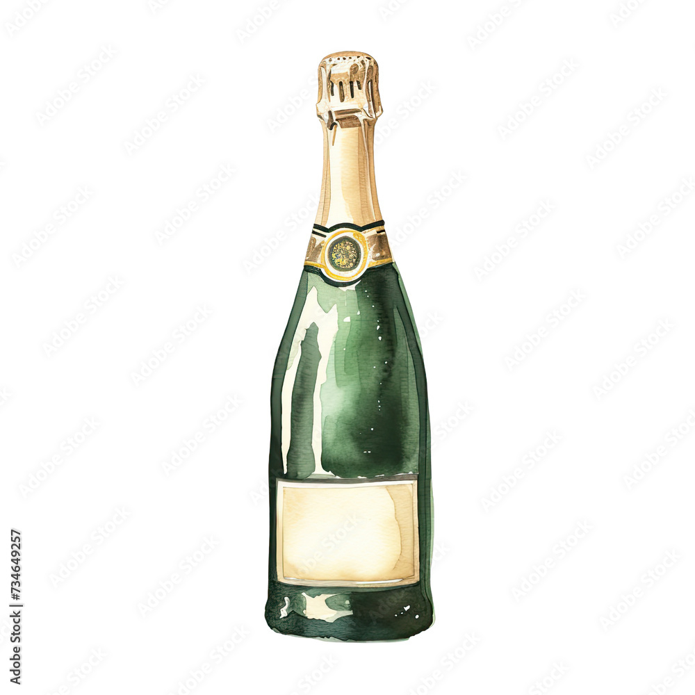 AI-generated watercolor Green Champagne Bottle Clip Art Illustration. Isolated elements on a white background. AI-generated watercolor Green Champagne Bottle Clip Art Illustration. Isolated elements on a white background.