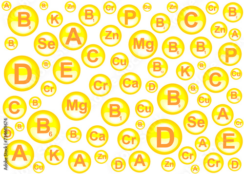Seamless pattern. Multi Vitamin complex icons. Vitamin A, B group - B1, B2, B3, B5, B6, B9, B12, C, D, E, K, PP multivitamin, isolated white background. Medical Mineral complex. 
Bubbles. Vector 