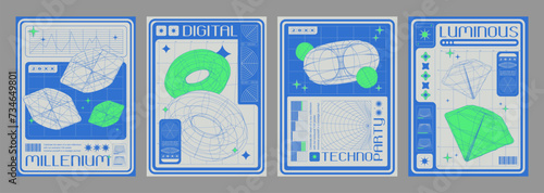 Poster design layout with trendy retro wireframe shape in y2k aesthetic. Banners set with abstract grid figure and text. Vector minimal brutal composition template. Psychedelic streetwear ornaments.