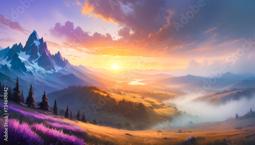 Sunset over a foggy valley with pine trees and lavender fields creating a tranquil scene, ai generated
